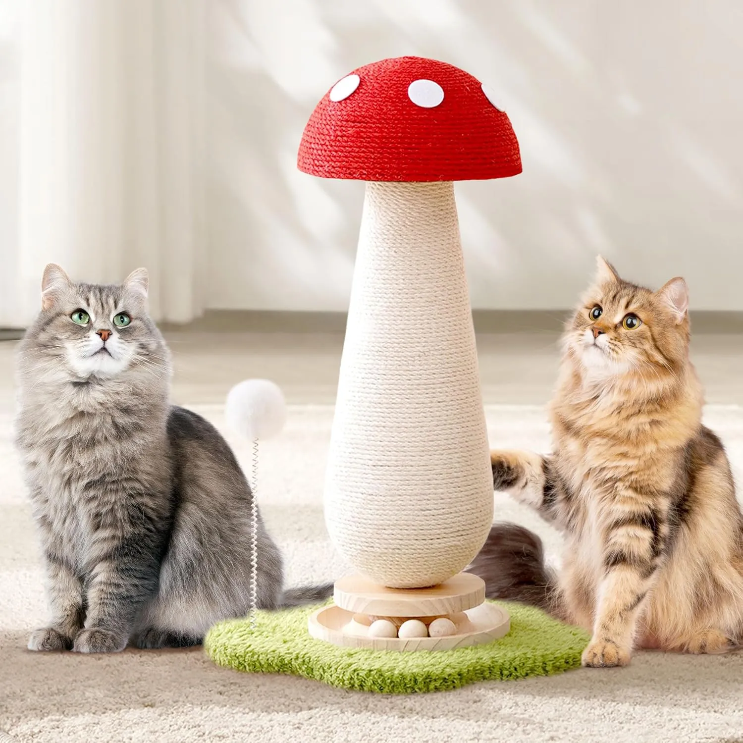 21.5 H Cat Scratching Post with Catnip,Cute Mushroom Cat Scratcher Post with Durable Natural Wooden Turntable Toy,Mushroom Shape Design Cat Toy Cat Tree Sisal Scratcher for Indoor Cats (Cloud Base)