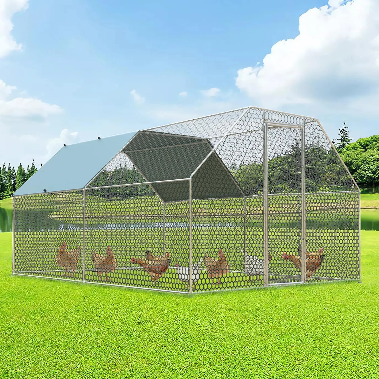 4ever2buy Chicken Runs for Yard with Cover, Large Metal Chicken Run Walk in Metal, Outside Dog Kennel with Roof, Flat Roofed Outdoor Kennel for Cats(9.2Lx12.47Wx6.4H)