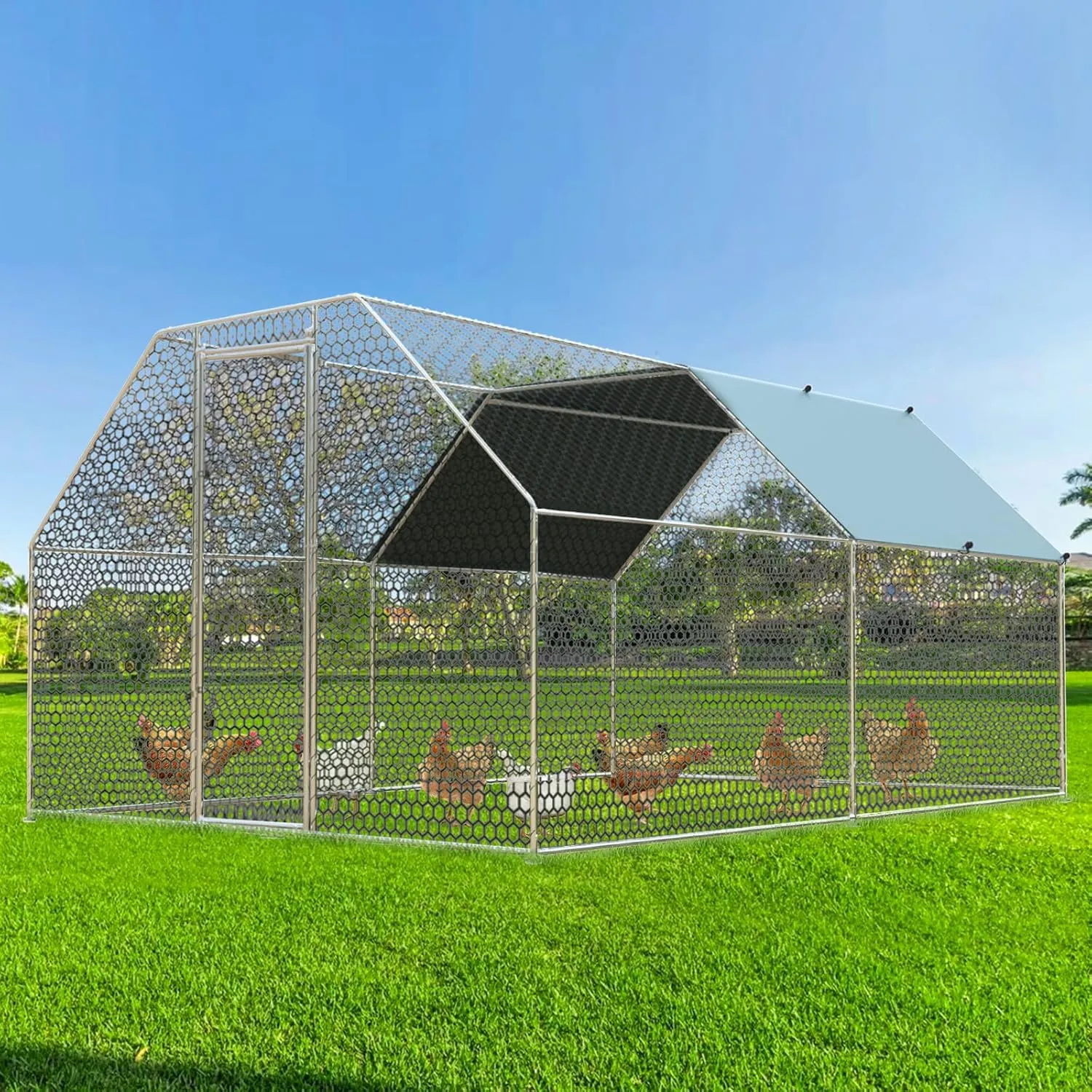 4ever2buy Chicken Runs for Yard with Cover, Large Metal Chicken Run Walk in Metal, Outside Dog Kennel with Roof, Flat Roofed Outdoor Kennel for Cats(9.2Lx12.47Wx6.4H)