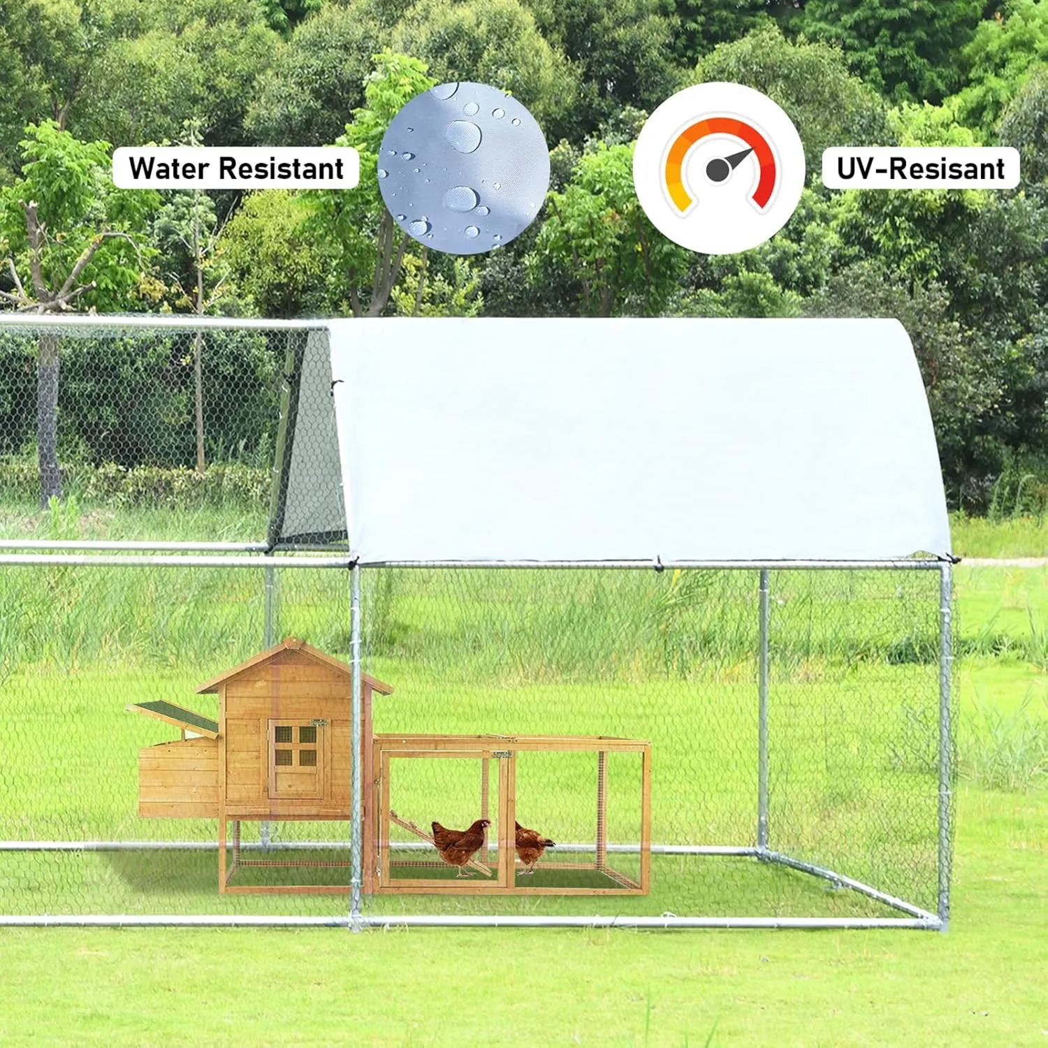 4ever2buy Chicken Runs for Yard with Cover, Large Metal Chicken Run Walk in Metal, Outside Dog Kennel with Roof, Flat Roofed Outdoor Kennel for Cats(9.2Lx12.47Wx6.4H)