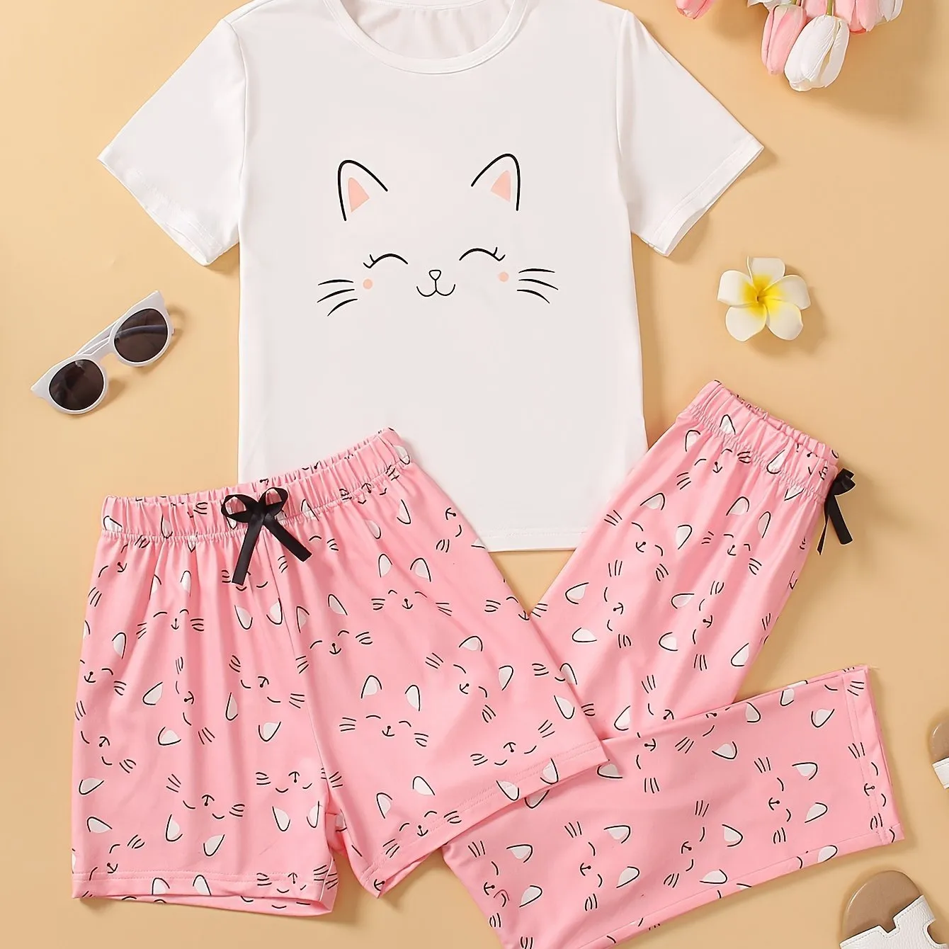 Adorable Girls' Cartoon Cat Summer Lounge Set – Cool & Comfy 🐱🌞