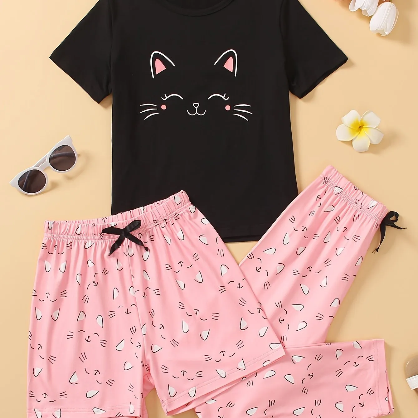 Adorable Girls' Cartoon Cat Summer Lounge Set – Cool & Comfy 🐱🌞
