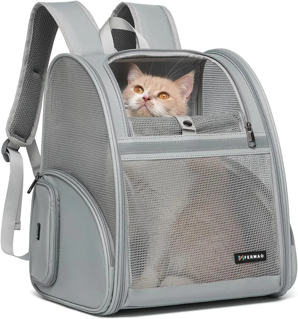 Cat Backpack Carrier, Mesh Small Cat Carrier Backpack Airline Approved Pet Carriers for Medium Small Dog Puppy Kitten Bunny up to 15lbs Pet Bag for Travel Walking Hiking Outdoor (Gray)