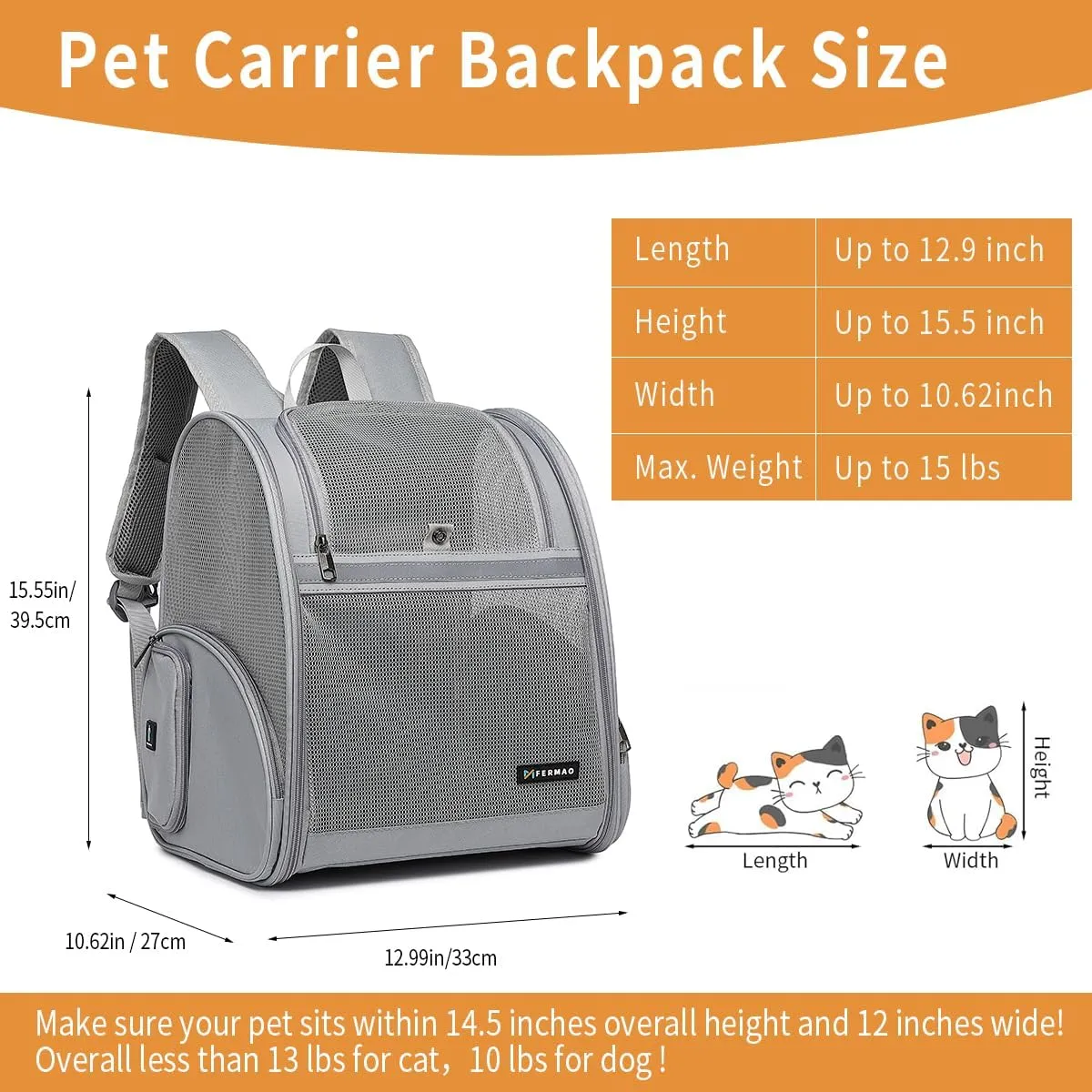 Cat Backpack Carrier, Mesh Small Cat Carrier Backpack Airline Approved Pet Carriers for Medium Small Dog Puppy Kitten Bunny up to 15lbs Pet Bag for Travel Walking Hiking Outdoor (Gray)