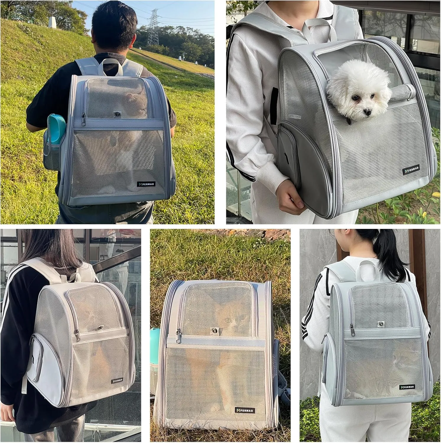 Cat Backpack Carrier, Mesh Small Cat Carrier Backpack Airline Approved Pet Carriers for Medium Small Dog Puppy Kitten Bunny up to 15lbs Pet Bag for Travel Walking Hiking Outdoor (Gray)