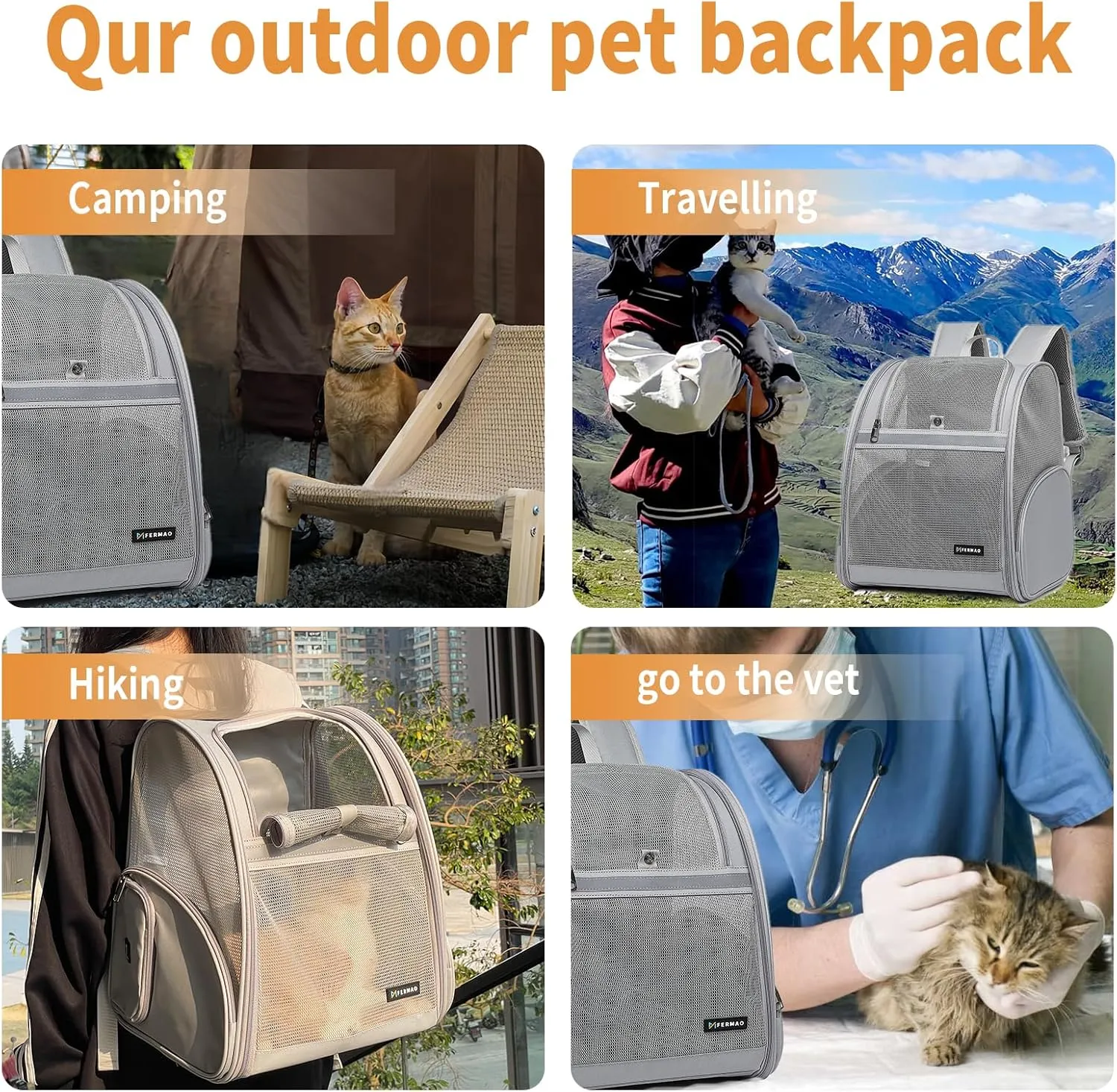 Cat Backpack Carrier, Mesh Small Cat Carrier Backpack Airline Approved Pet Carriers for Medium Small Dog Puppy Kitten Bunny up to 15lbs Pet Bag for Travel Walking Hiking Outdoor (Gray)
