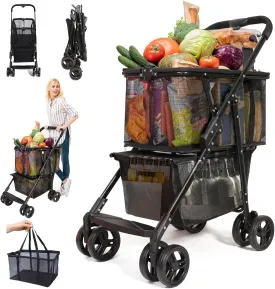 Collapsible Groceries Shopping Cart Portable Grocery Pet Stroller Beach Wagons Storage Small Rolling Cart Foldable with Wheels and Basket