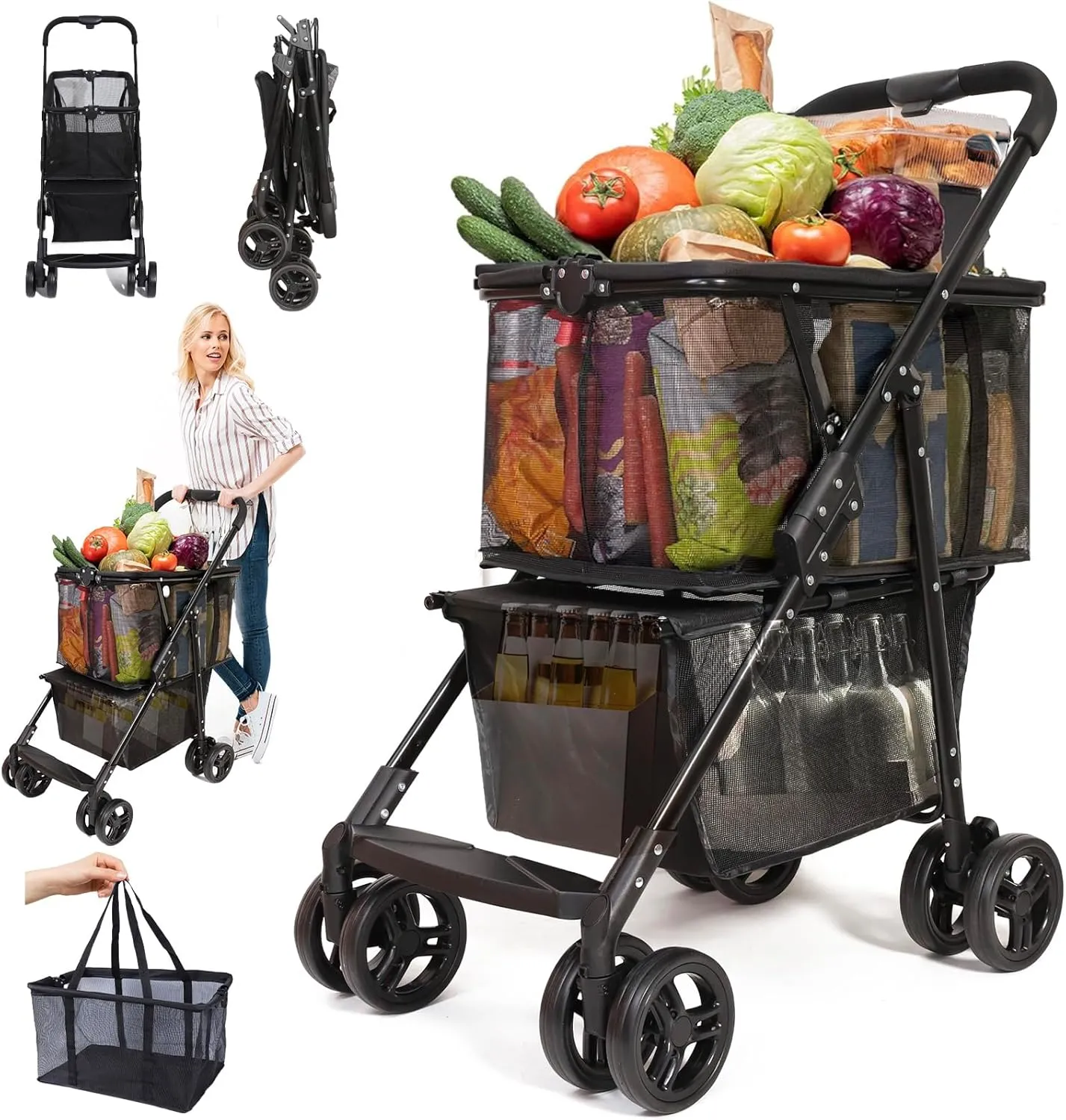 Collapsible Groceries Shopping Cart Portable Grocery Pet Stroller Beach Wagons Storage Small Rolling Cart Foldable with Wheels and Basket