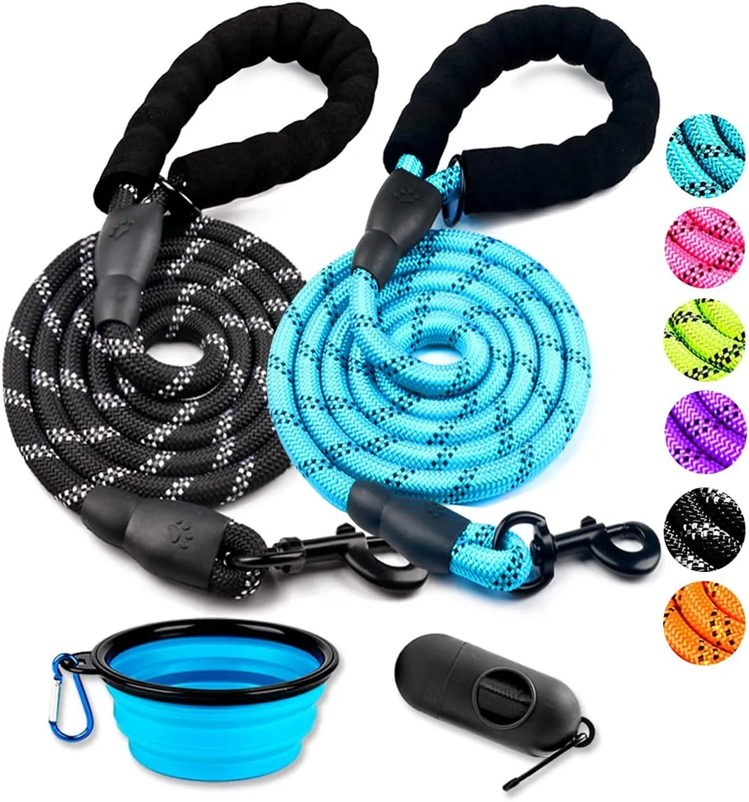 COOYOO 2 Pack Dog Leash 5 FT Heavy Duty - Comfortable Padded Handle - Reflective Dog Leash for Medium Large Dogs with Collapsible Pet Bowl