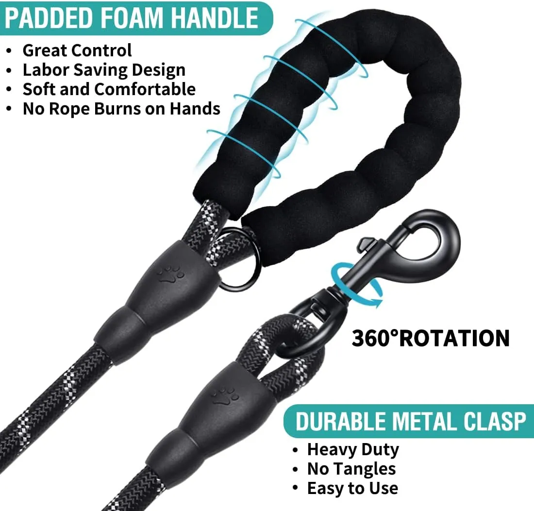COOYOO 2 Pack Dog Leash 5 FT Heavy Duty - Comfortable Padded Handle - Reflective Dog Leash for Medium Large Dogs with Collapsible Pet Bowl
