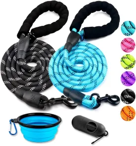 COOYOO 2 Pack Dog Leash 5 FT Heavy Duty - Comfortable Padded Handle - Reflective Dog Leash for Medium Large Dogs with Collapsible Pet Bowl