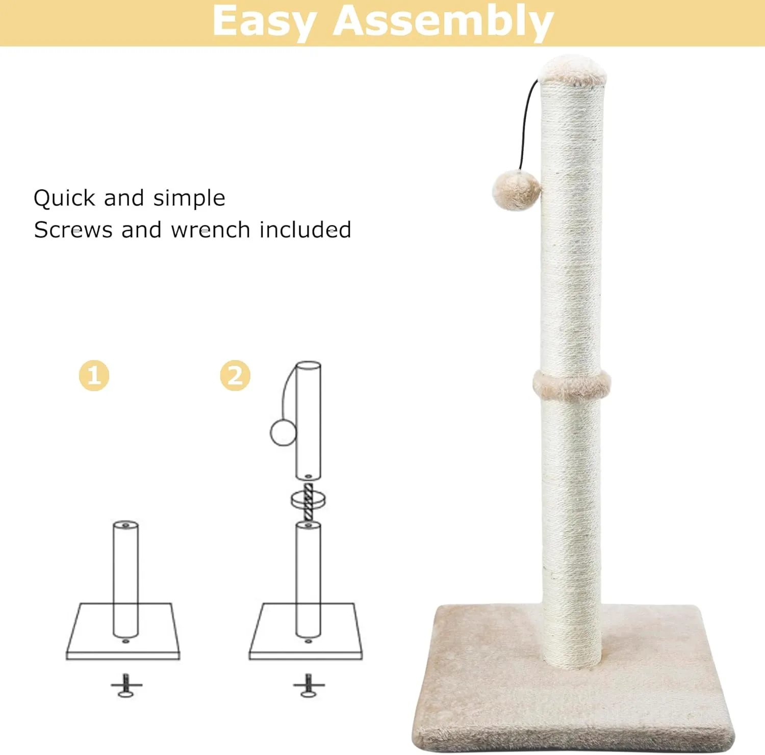 Dimaka 34" Tall Cat Scratching Post for Large Cats and Kittens, Vertical Scratcher with Premium Natural Sisal Rope and Interactive Hanging Ball for Indoor Cats(Light Brown, 34 inches for Large Cats)