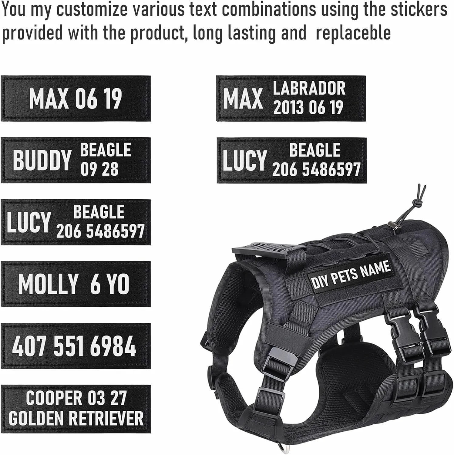 DIY Dog's Name & Everything Dog Harness Leash Set, Personalized No Pull Dog Vest, Custom Tactical Military Dog Harness & Retractable Leash, Outdoor Training Gear for Medium & Large Dogs (Black, S)