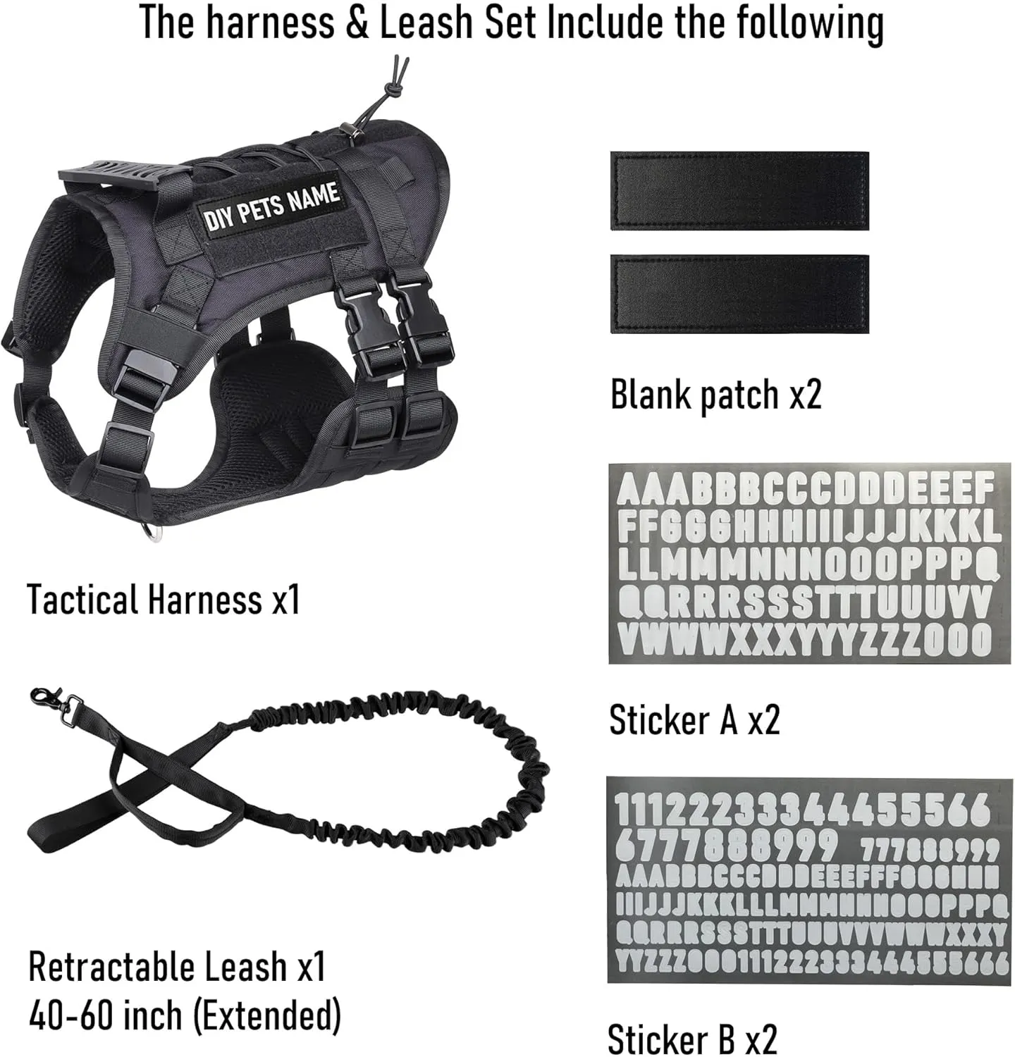 DIY Dog's Name & Everything Dog Harness Leash Set, Personalized No Pull Dog Vest, Custom Tactical Military Dog Harness & Retractable Leash, Outdoor Training Gear for Medium & Large Dogs (Black, S)