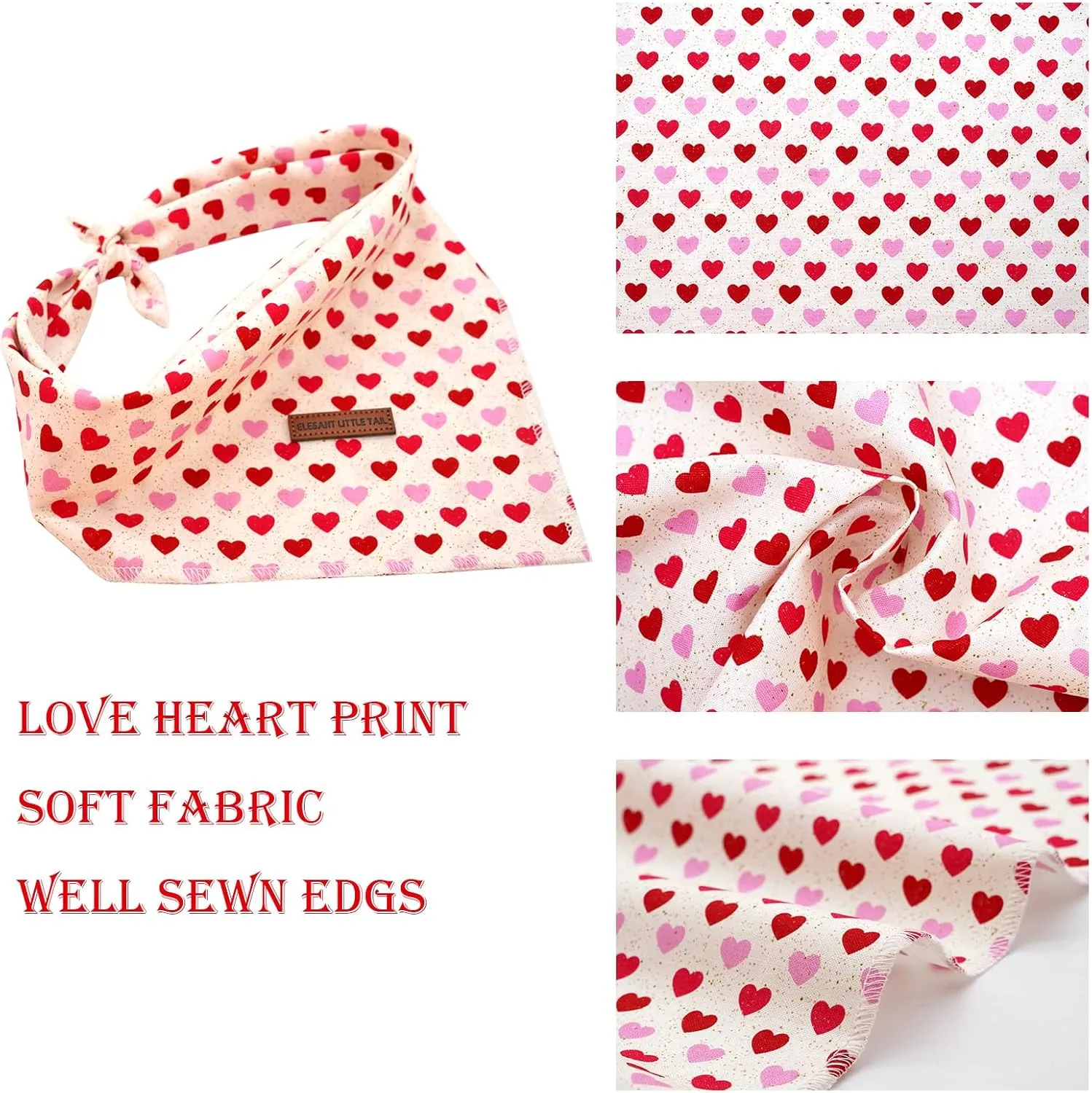 Elegant Little Tail Valentine's Day 1PC Washable Dog Bandana, Heart Geometric Pattern, Size Small, Cotton Material, Durable, Tie Closure, For Large Dogs, 23" Neck Size