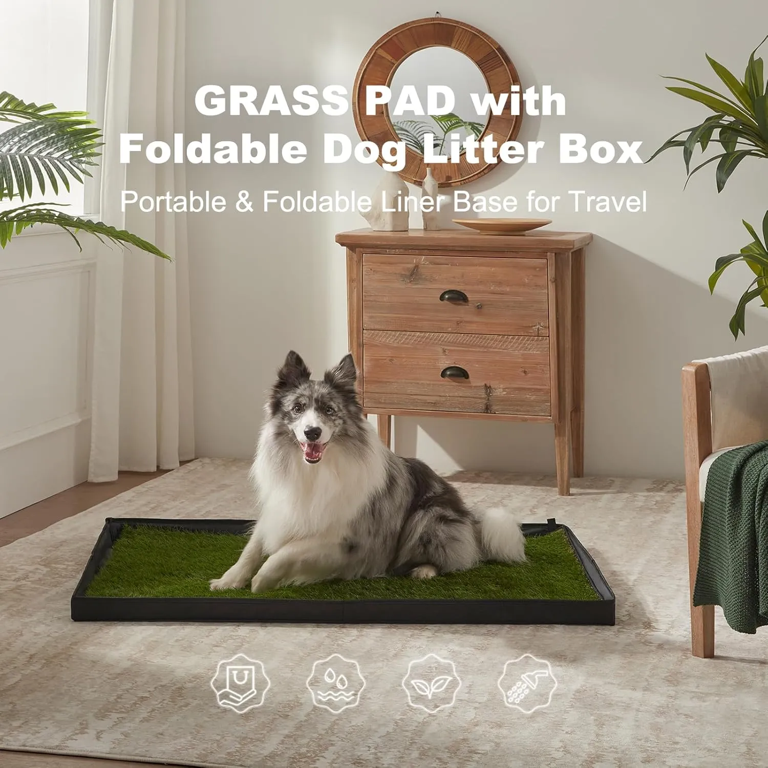 Foldable Dog Litter Box with Artificial Grass Pads, Extra Large Liner Base (44'34') for Balcony Potty Training