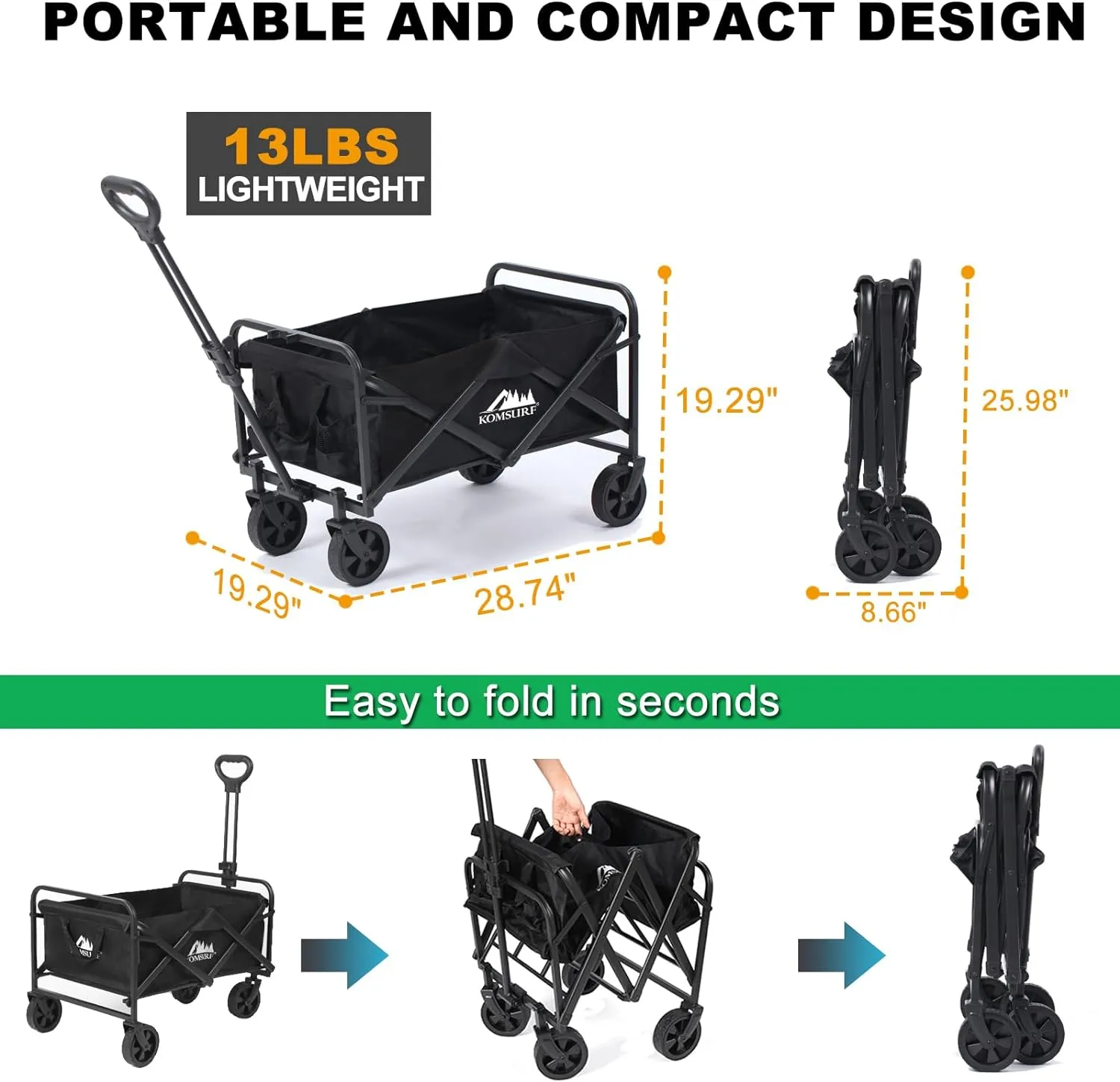 Foldable Utility Wagons Folding Cart on Wheels, Lightweight Portable Folding Utility with 200 lbs Capacity with Side Pockets for Grocery Shopping Cart for Grocery Sports Garden Camping