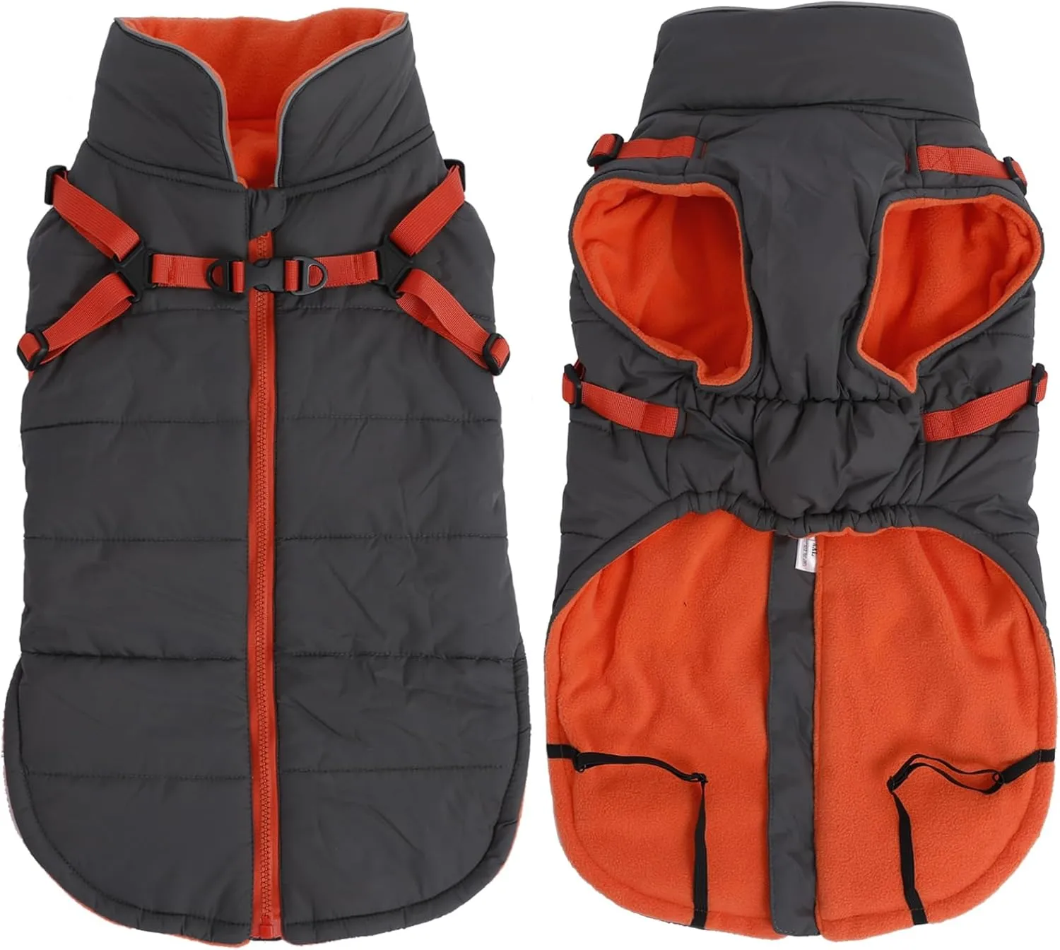 Geyecete Winter Warm Coat Waterproof Dog Winter Jacket with Harness Traction Belt,Windproof Pet Outdoor Jacket-Gray-L