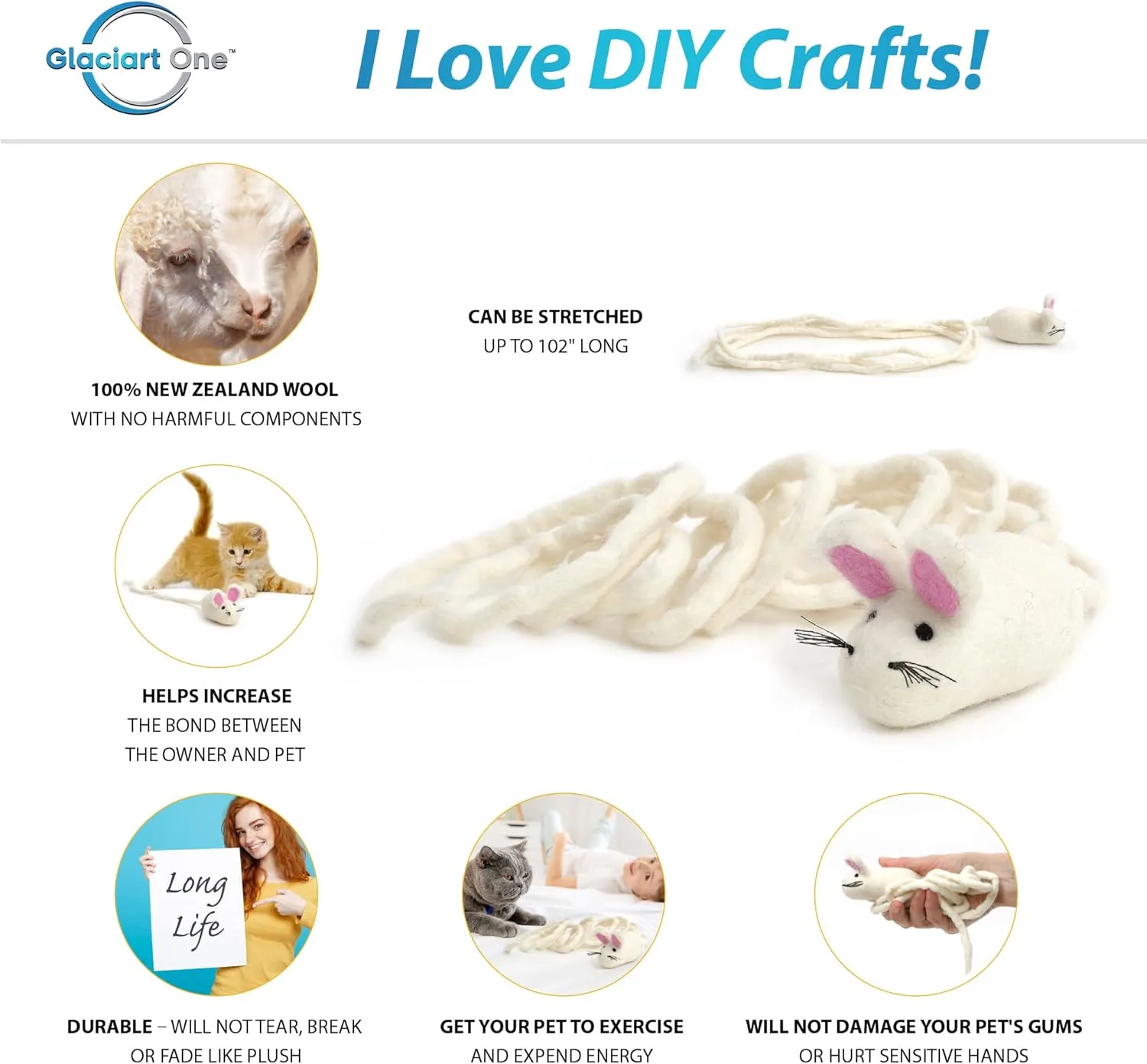 Glaciart One Felt Mouse Cat Toy  Soft Fuzzy Enrichment 100% Natural Wool - Interactive Catnip Play Cat Toy Set - Safe for Pets, Non-AZO Colored Dyes - 100 Long