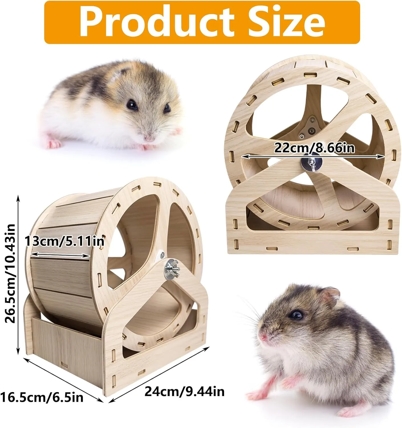 Hamiledyi Wooden Hamster Wheel, Small Pets Exercise Wheel, Silent Running Wheel for Gerbil, Mice, Dwarf Syrian Hamster (9.45in)