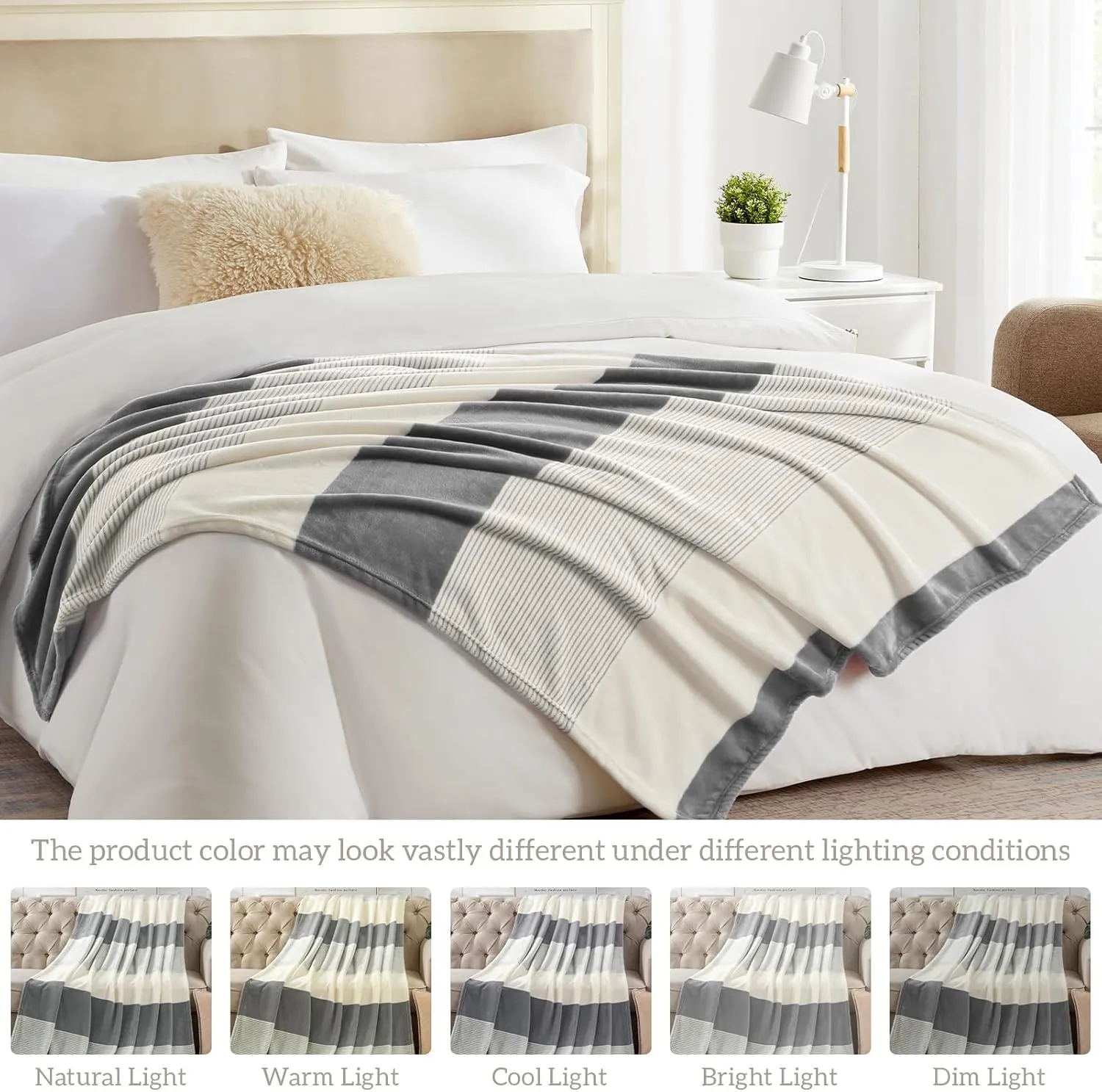 Homelike Moment Fleece Throw Blanket Twin Size, Grey Soft Fluffy Twin Blanket, Fuzzy Cozy Plush Flannel Blankets for Sofa, Comfy Warm Lightweight Twin Bed Blanket Striped (Dark Gray,60x80IN)