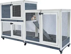 Indoor and Outdoor Wooden Rabbit Cage, 2-Story, with Wheels, Ramp, 2 Pull-Out Trays, Open Sun Panel Roof, for Rabbits, Guinea Pigs