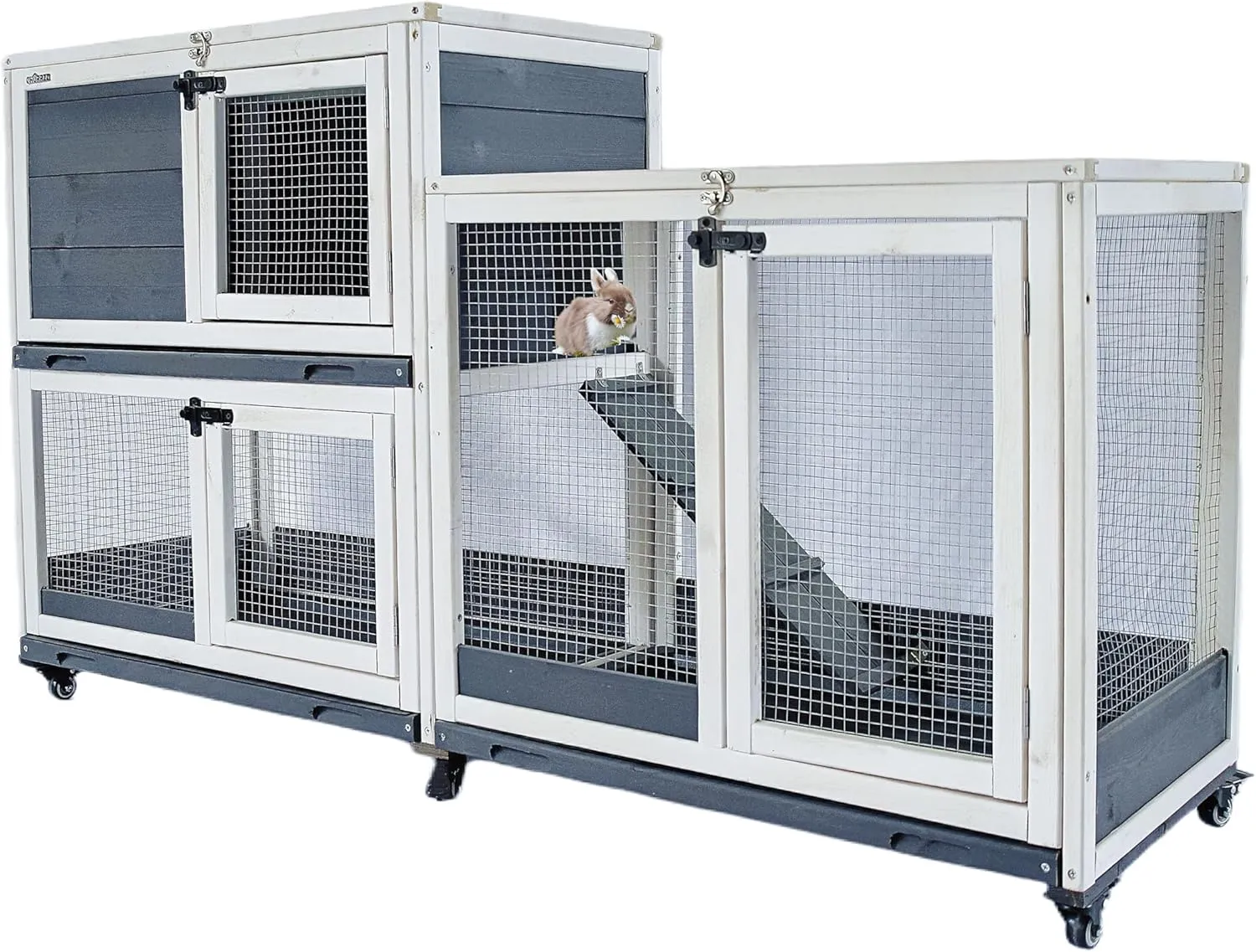 Indoor and Outdoor Wooden Rabbit Cage, 2-Story, with Wheels, Ramp, 2 Pull-Out Trays, Open Sun Panel Roof, for Rabbits, Guinea Pigs