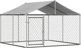 Large Outdoor Dog Kennel, Heavy Duty Galvanized Steel Dog Enclosure with Waterproof UV-Resistant Cover, Lockable Door Chain Link Playpen for Small to Large Pets (118" L x 118" W x 71" H)