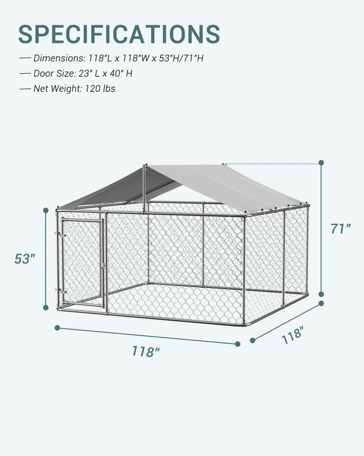 Large Outdoor Dog Kennel, Heavy Duty Galvanized Steel Dog Enclosure with Waterproof UV-Resistant Cover, Lockable Door Chain Link Playpen for Small to Large Pets (118" L x 118" W x 71" H)