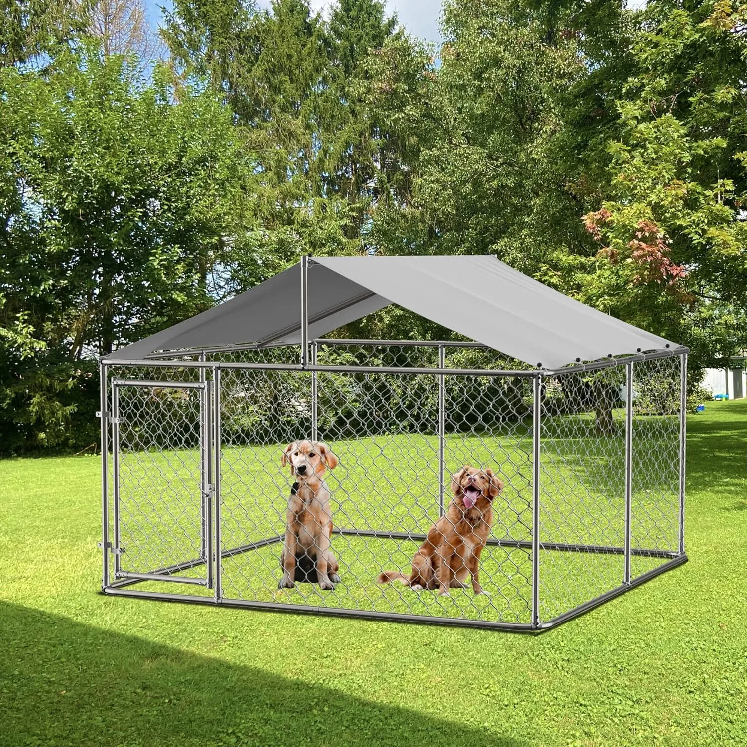 Large Outdoor Dog Kennel, Heavy Duty Galvanized Steel Dog Enclosure with Waterproof UV-Resistant Cover, Lockable Door Chain Link Playpen for Small to Large Pets (118" L x 118" W x 71" H)