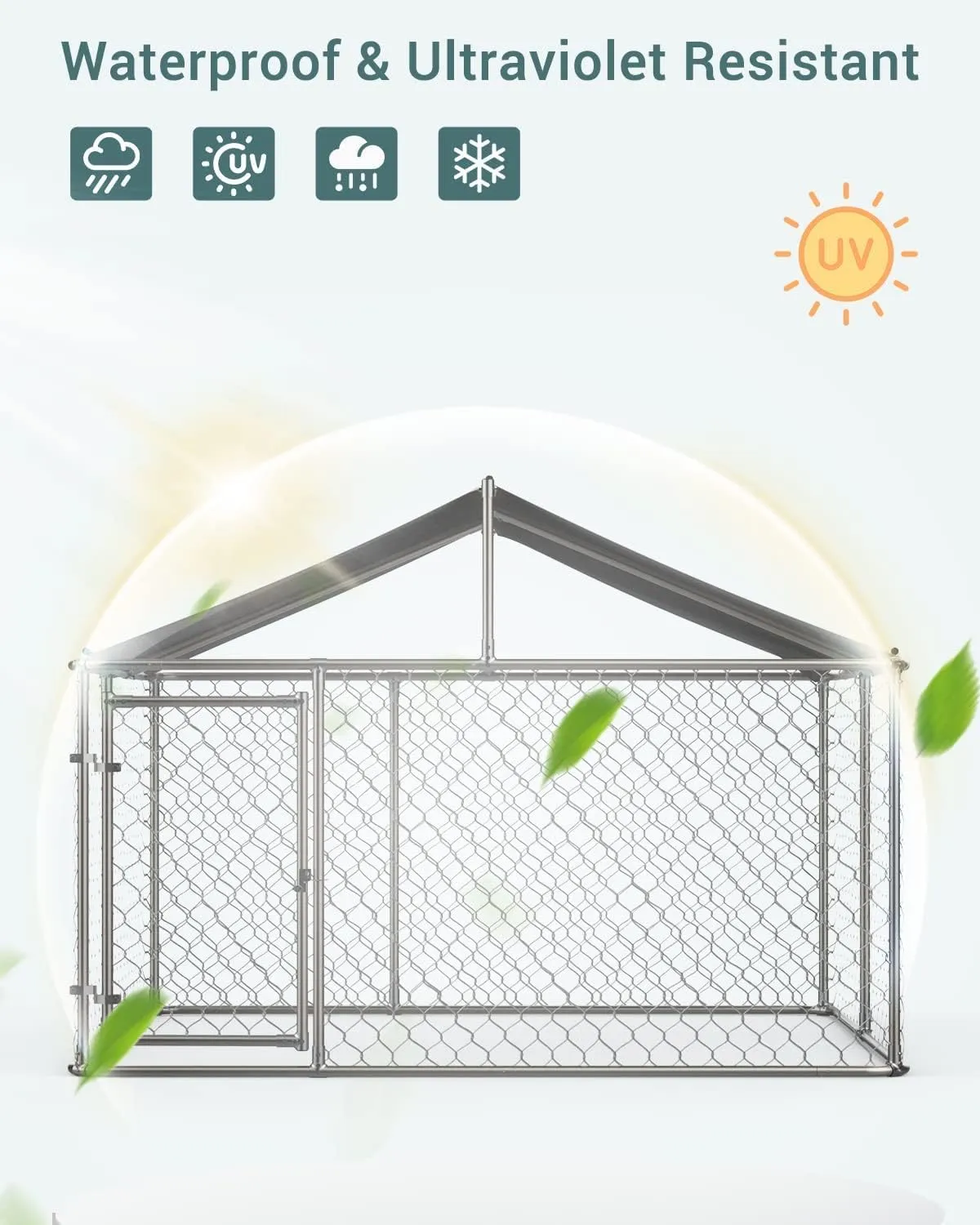 Large Outdoor Dog Kennel, Heavy Duty Galvanized Steel Dog Enclosure with Waterproof UV-Resistant Cover, Lockable Door Chain Link Playpen for Small to Large Pets (118" L x 118" W x 71" H)