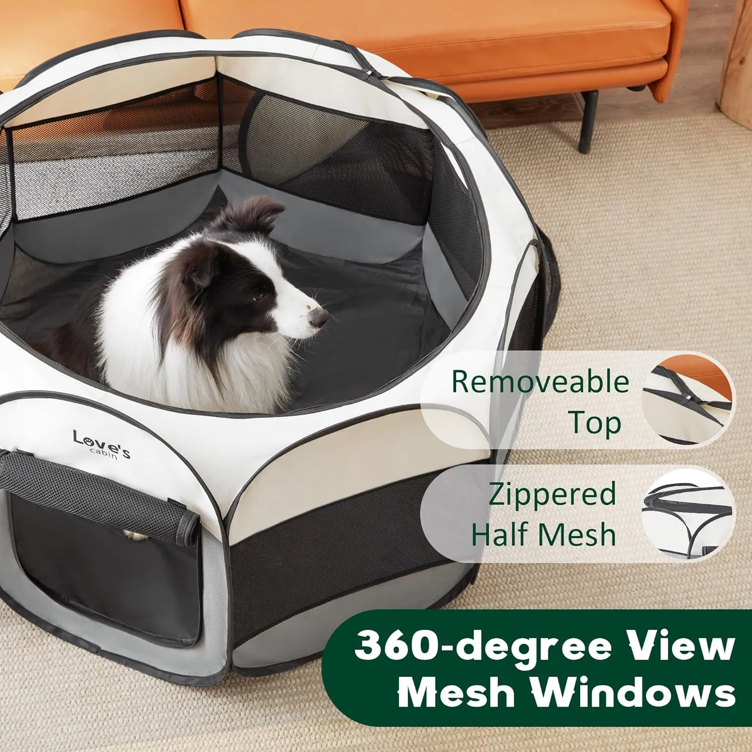 Love's cabin Pet Puppy Dog Playpen, Large Dog Tent Crates Cage Indoor/Outdoor, Portable Playpen for Cat, Foldable Pop Up Dog Kennel Playpen with Carring Case, Removable Zipper Top, Grey