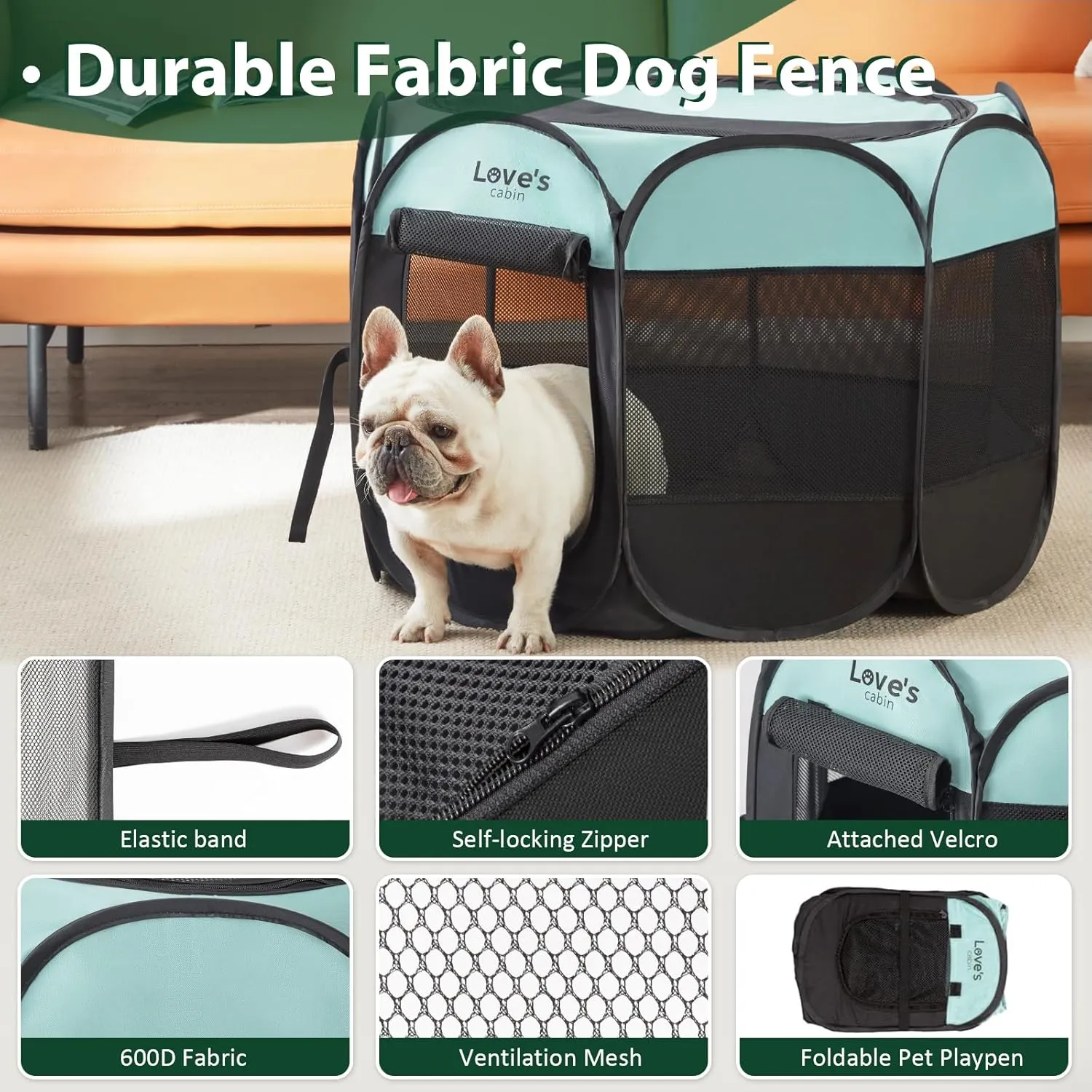 Love's Cabin Pet Puppy Playpen, Small Dog Tent Crate, Portable Foldable Dog Kennel with Carrying Case, Removable Zipper Top, Green