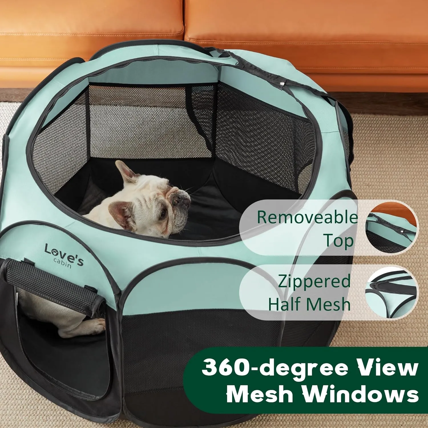 Love's Cabin Pet Puppy Playpen, Small Dog Tent Crate, Portable Foldable Dog Kennel with Carrying Case, Removable Zipper Top, Green