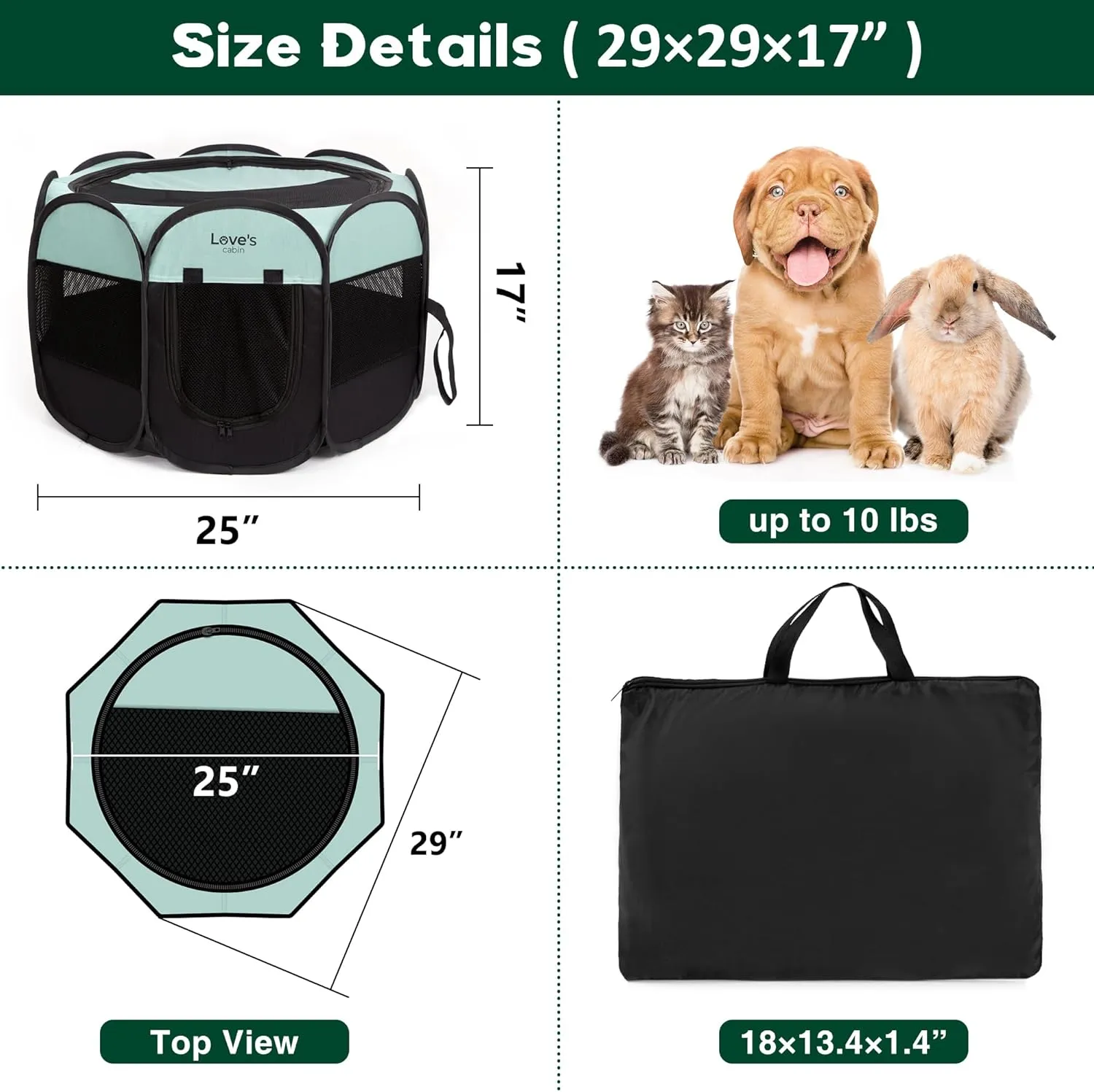 Love's Cabin Pet Puppy Playpen, Small Dog Tent Crate, Portable Foldable Dog Kennel with Carrying Case, Removable Zipper Top, Green