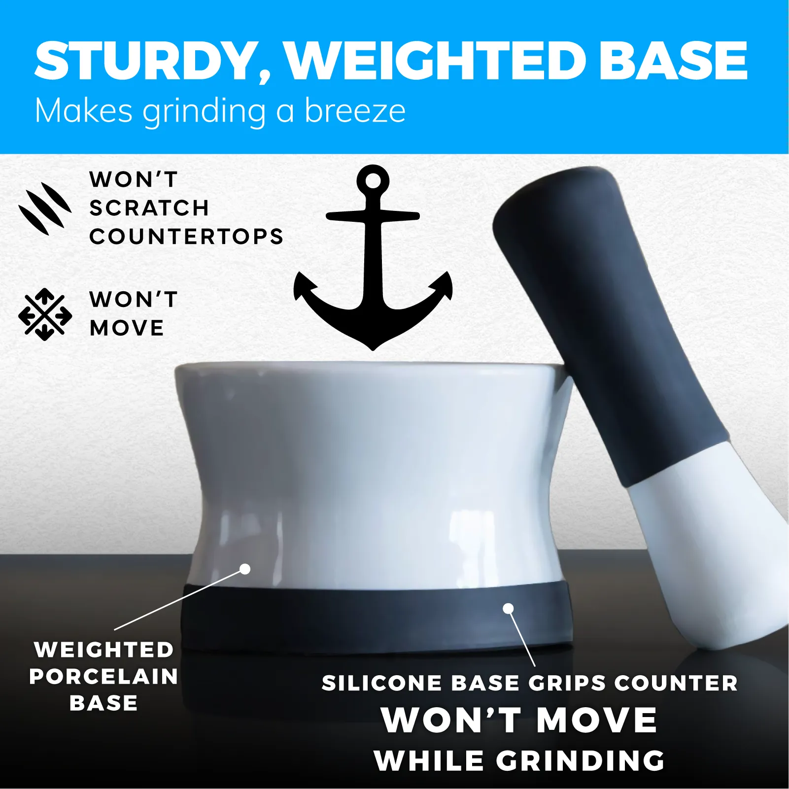 Mortar and Pestle Set - Small EZ-Grip Silicone & Porcelain Mortar With Non-Slip Scratch Proof Silicone Base  - herb or spice grinder, pill crusher grinder or molcajete - NEW DESIGN -  Dishwasher Safe