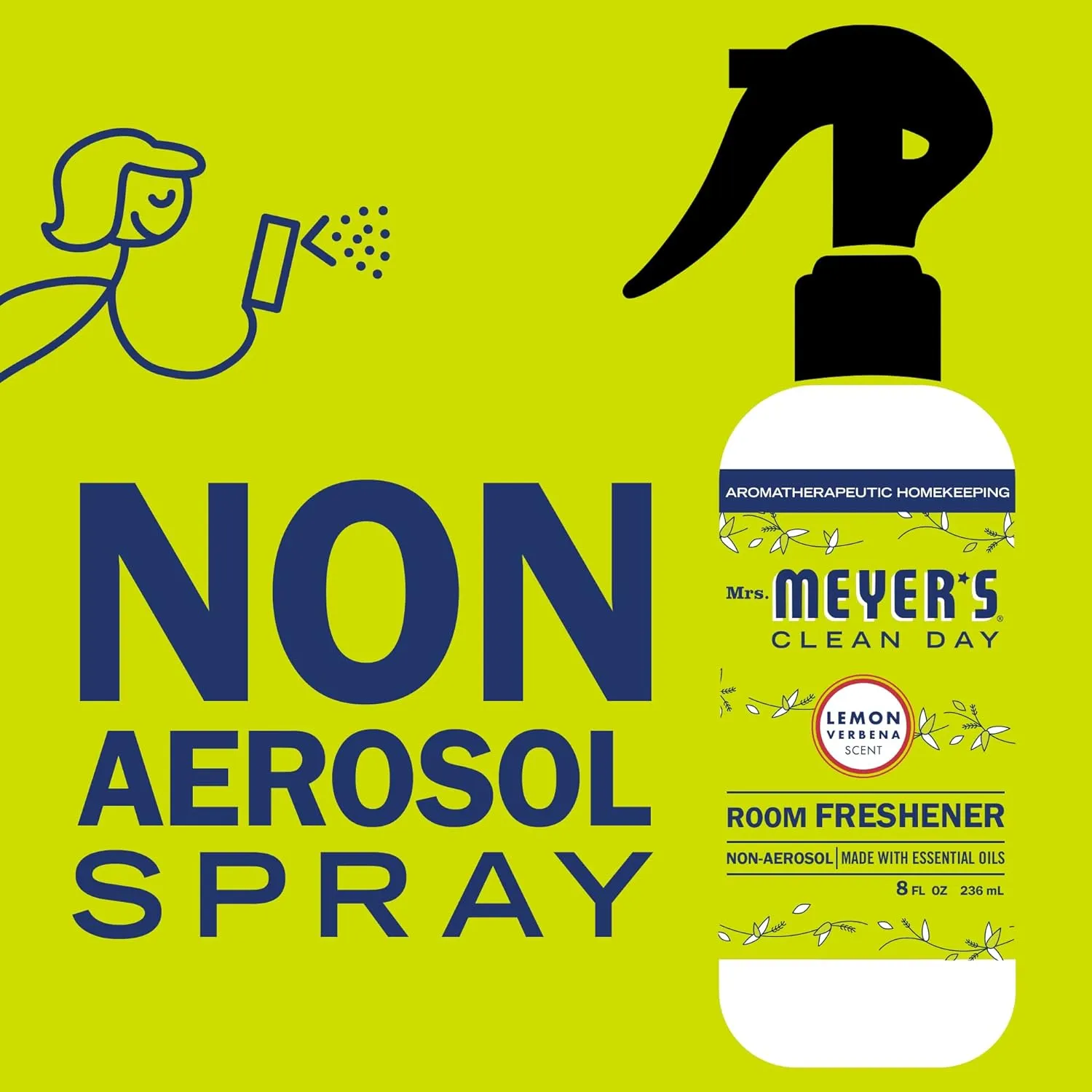 MRS. MEYER'S CLEAN DAY Lemon Verbena Air Freshener Spray for Bathrooms, Aromatherapeutic Homekeeping with Essential Oils, Non-Aerosol, Garden-Inspired Scent, 8 fl oz (Pack of 1)