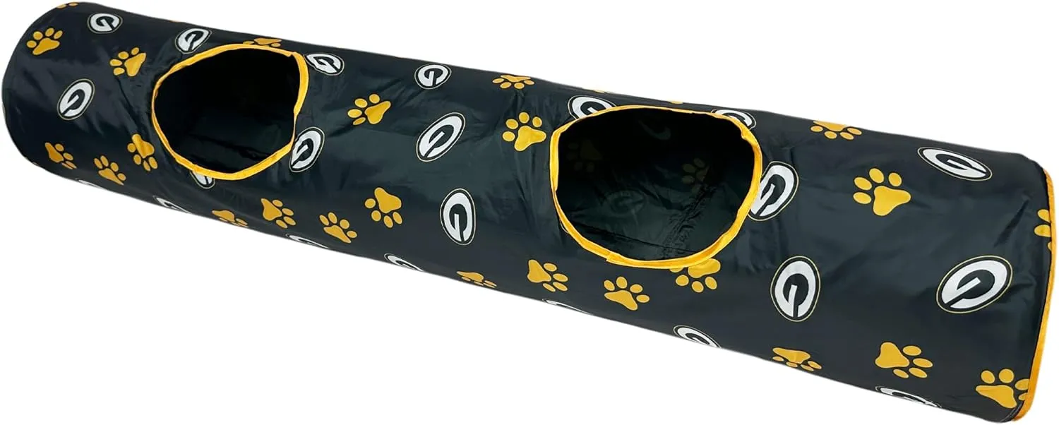 NFL Green Bay Packers Cat Tunnel Tube Toy with Plush Football Catnip and Feathers Collapsible Tunnel for Cats to Play, Peek and Hide, Sporty & Fun Cat Tunnel Toy with Team Logo All-Over Design!