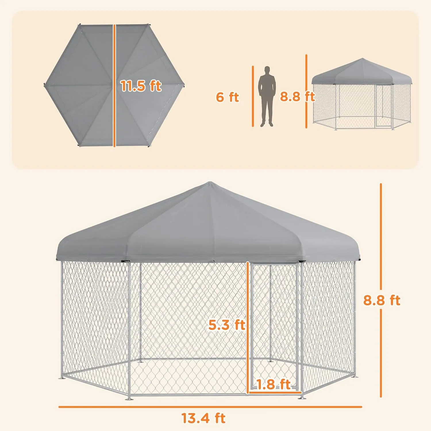 PawHut 13.4' x 11.5' x 8.8' Dog Kennel Outside, Heavy Duty Chain Link Dog Run Playpen Fence with Waterproof, UV Resistant Roof, Lockable Door, for Medium and Large-Sized Puppy, Silver