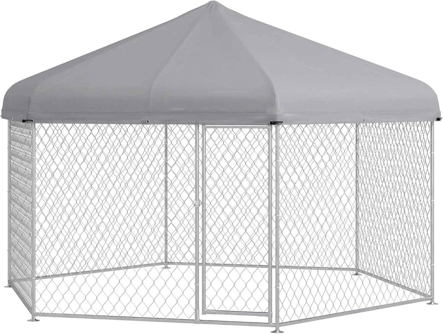 PawHut 13.4' x 11.5' x 8.8' Dog Kennel Outside, Heavy Duty Chain Link Dog Run Playpen Fence with Waterproof, UV Resistant Roof, Lockable Door, for Medium and Large-Sized Puppy, Silver