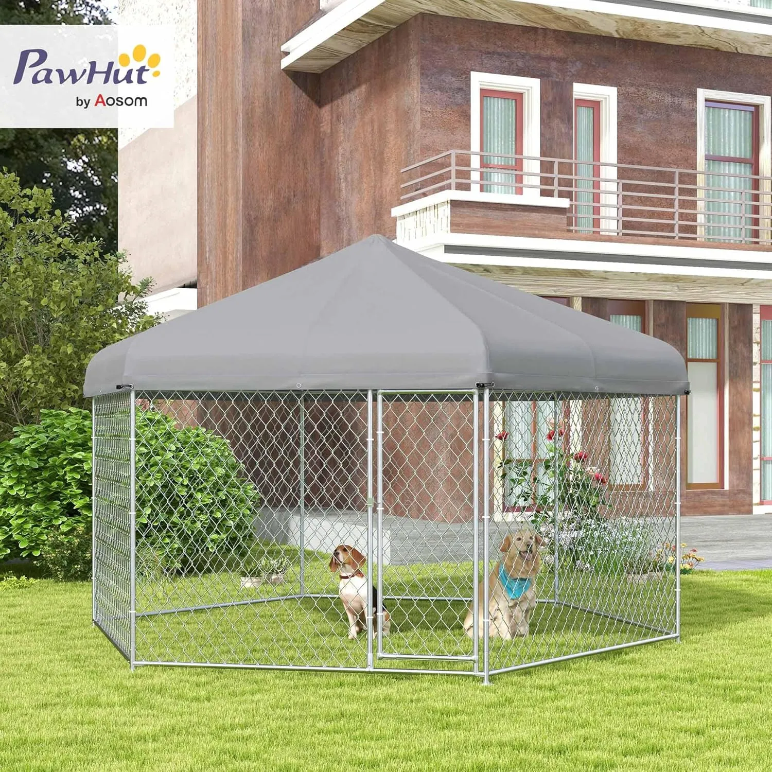 PawHut 13.4' x 11.5' x 8.8' Dog Kennel Outside, Heavy Duty Chain Link Dog Run Playpen Fence with Waterproof, UV Resistant Roof, Lockable Door, for Medium and Large-Sized Puppy, Silver