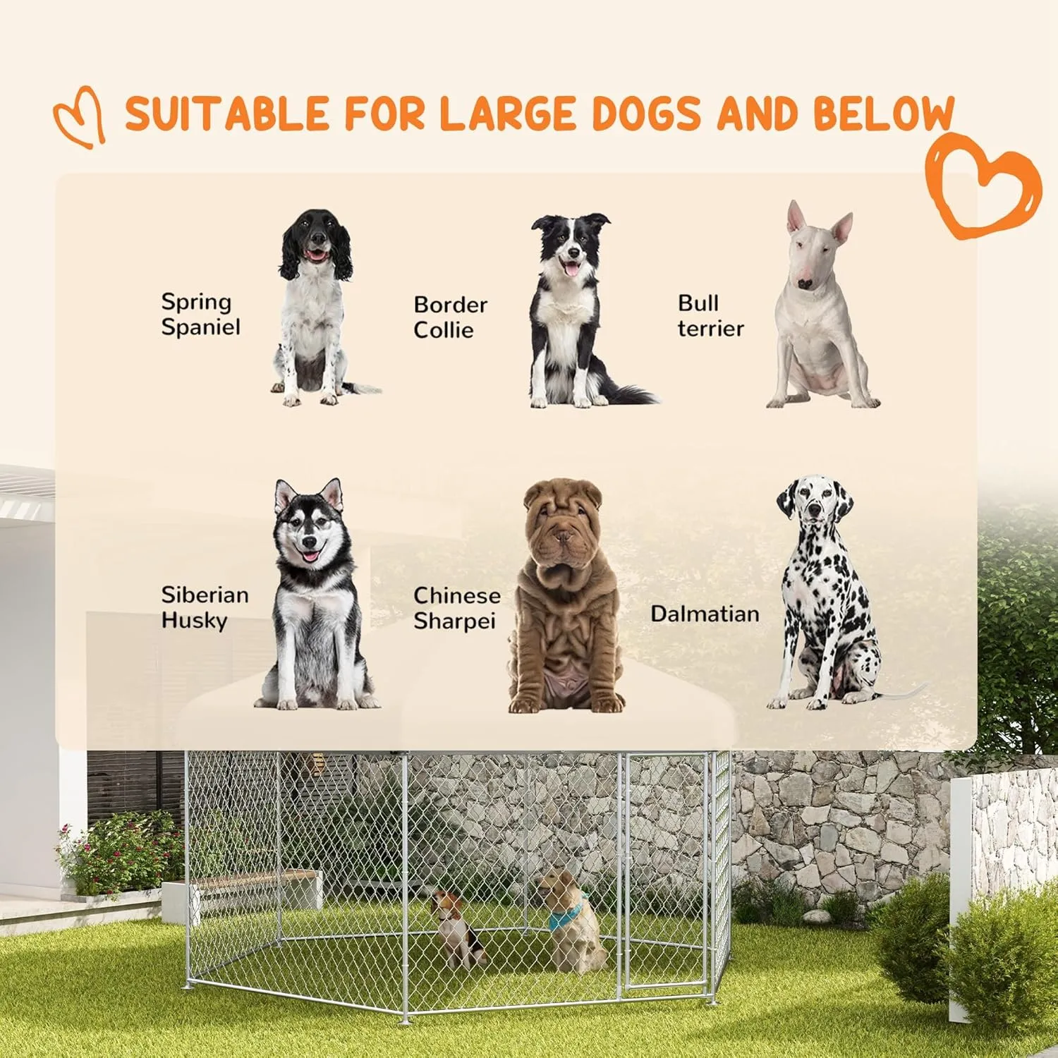 PawHut 13.4' x 11.5' x 8.8' Dog Kennel Outside, Heavy Duty Chain Link Dog Run Playpen Fence with Waterproof, UV Resistant Roof, Lockable Door, for Medium and Large-Sized Puppy, Silver