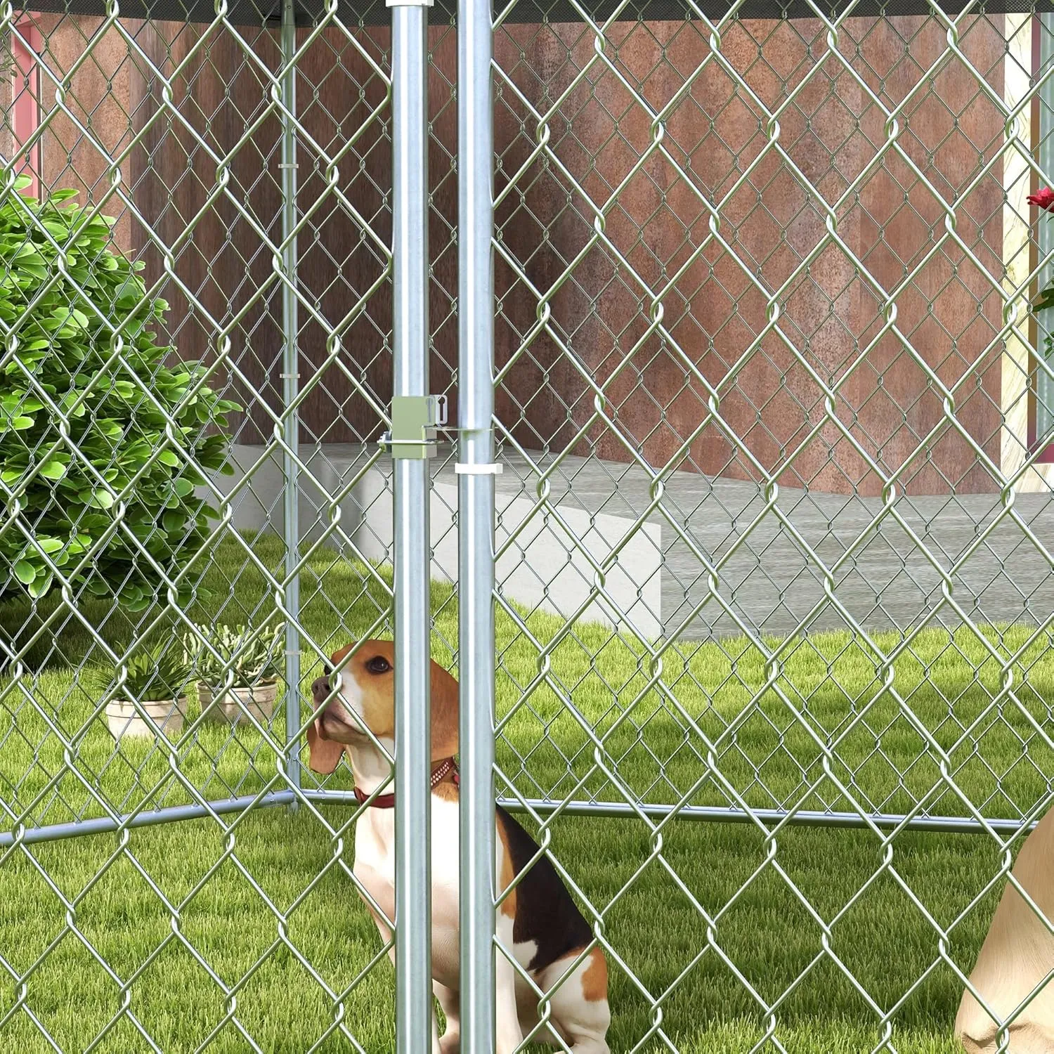 PawHut 13.4' x 11.5' x 8.8' Dog Kennel Outside, Heavy Duty Chain Link Dog Run Playpen Fence with Waterproof, UV Resistant Roof, Lockable Door, for Medium and Large-Sized Puppy, Silver