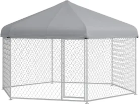 PawHut 13.4' x 11.5' x 8.8' Dog Kennel Outside, Heavy Duty Chain Link Dog Run Playpen Fence with Waterproof, UV Resistant Roof, Lockable Door, for Medium and Large-Sized Puppy, Silver