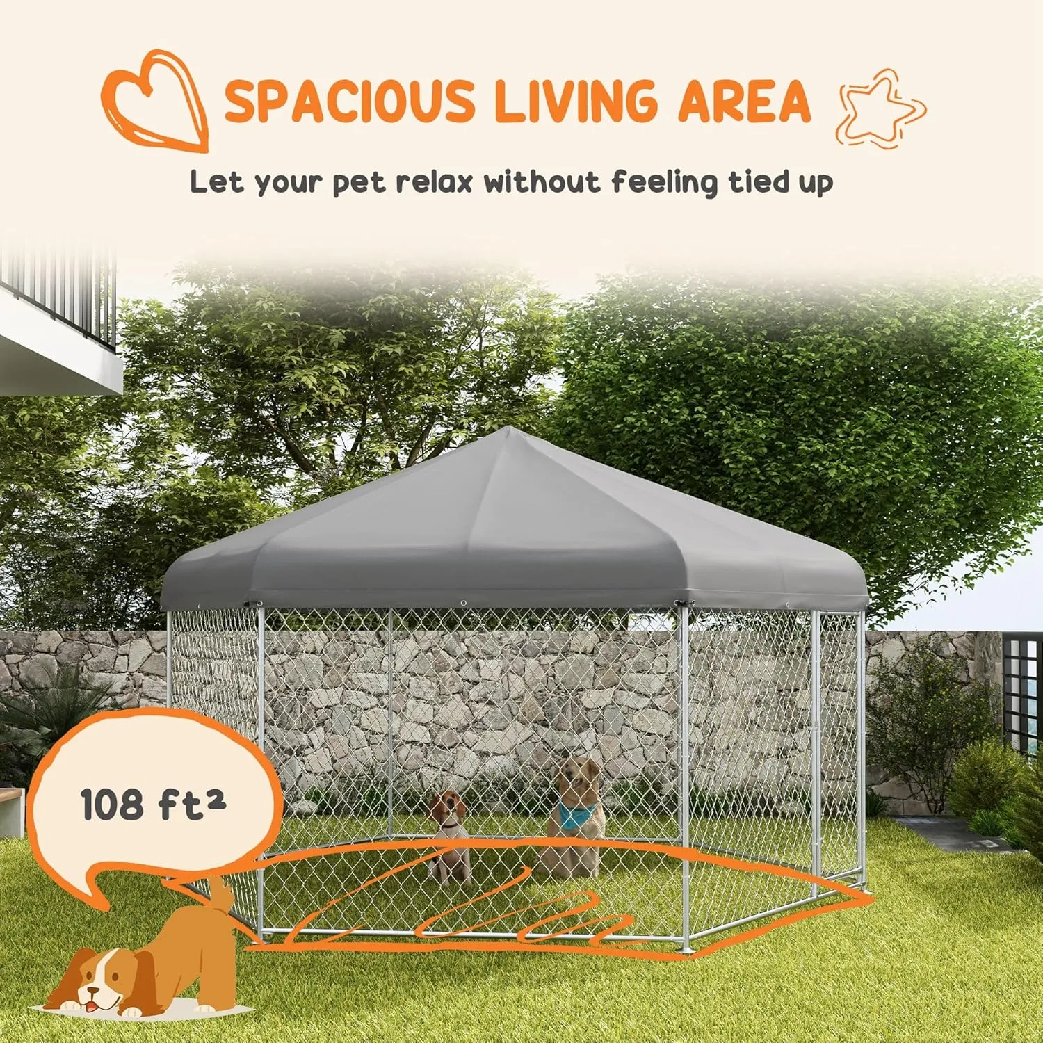 PawHut 13.4' x 11.5' x 8.8' Dog Kennel Outside, Heavy Duty Chain Link Dog Run Playpen Fence with Waterproof, UV Resistant Roof, Lockable Door, for Medium and Large-Sized Puppy, Silver
