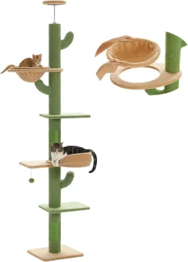 PETEPELA Floor to Ceiling Cat Tree [87"-100"] Height Adjustable, 5 Levels Cactus Cat Tower with Perch&Replaceable Hammock(Visible Acrylic Bowl), 4.1" Super Robust Cat Scratcher, Cactus Green