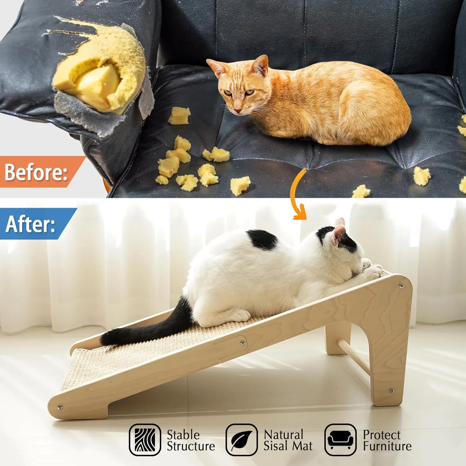 PETKARAY Cat Scratcher, Sisal Cat Scratching Ramp, L Shape Scratch Pad for Indoor Kitty, 27" Wall Furniture Protector with Mouse Toy