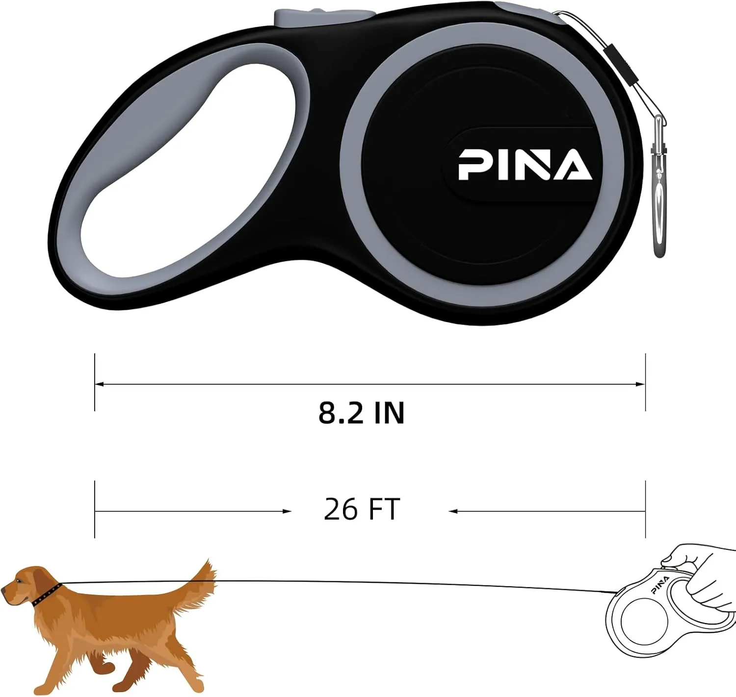 PINA Retractable Dog Leash, 26ft Dog Leash for Small Medium Large Dogs Up to 110lbs, 360 Tangle-Free Strong Reflective Nylon Tape, with Anti-Slip Handle, One-Handed Brake, Lock - Black Gray