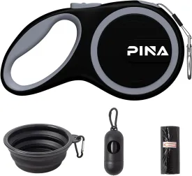 PINA Retractable Dog Leash, 26ft Dog Leash for Small Medium Large Dogs Up to 110lbs, 360 Tangle-Free Strong Reflective Nylon Tape, with Anti-Slip Handle, One-Handed Brake, Lock - Black Gray