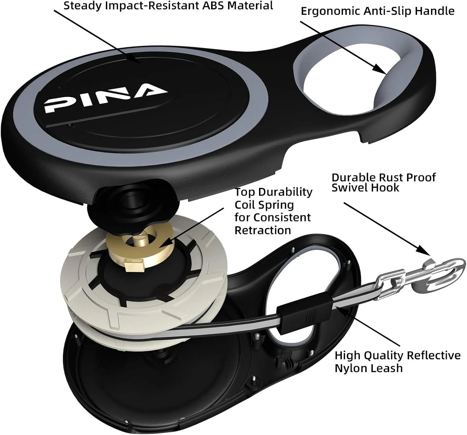 PINA Retractable Dog Leash, 26ft Dog Leash for Small Medium Large Dogs Up to 110lbs, 360 Tangle-Free Strong Reflective Nylon Tape, with Anti-Slip Handle, One-Handed Brake, Lock - Black Gray